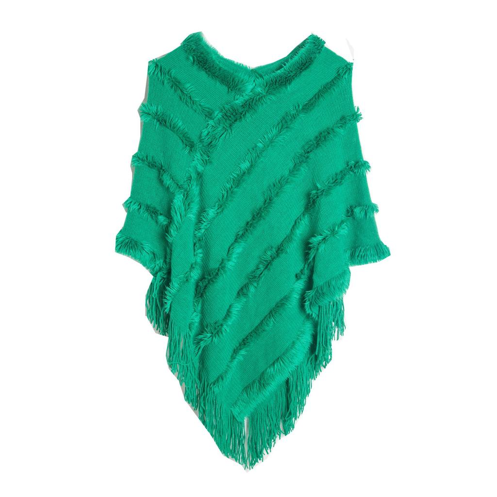 Spring Autumn Winter V-neck Solid Color Knitted Plush Shawl - European & American Style