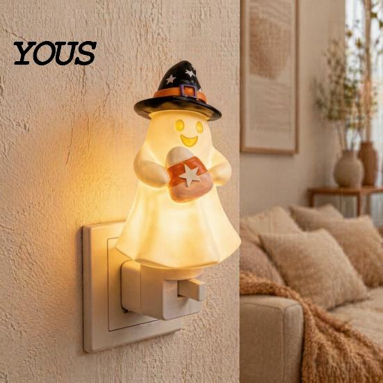Soft Glow Night Light Halloween Pumpkin Ghost with Witch Hat, Resin Bedroom Plug-in LED Light, Spooky Wall Sconce for Party Home