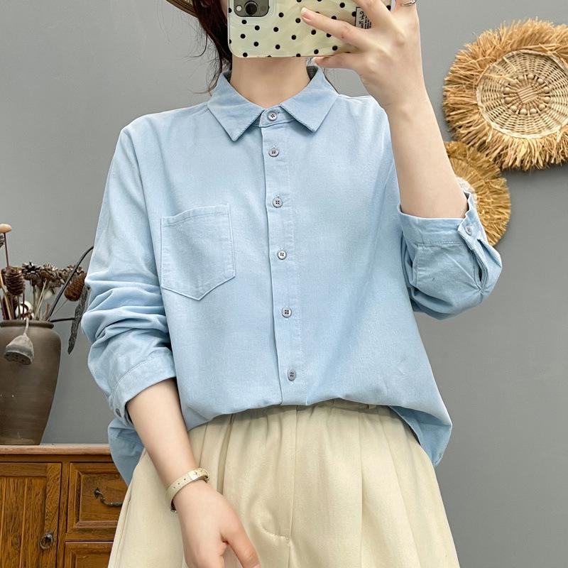 Spring 2026 Women's Corduroy Lapel Cardigan Blouse, Solid Color, Long Sleeve