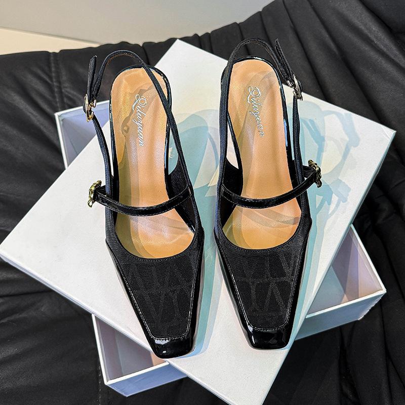 

Босоножки Баотоу женские Мэри Джейн 2025 новые летние однословные на высоком толстом каблуке с маленьким квадратным носком пустые одинарные туфли 35 чёрный