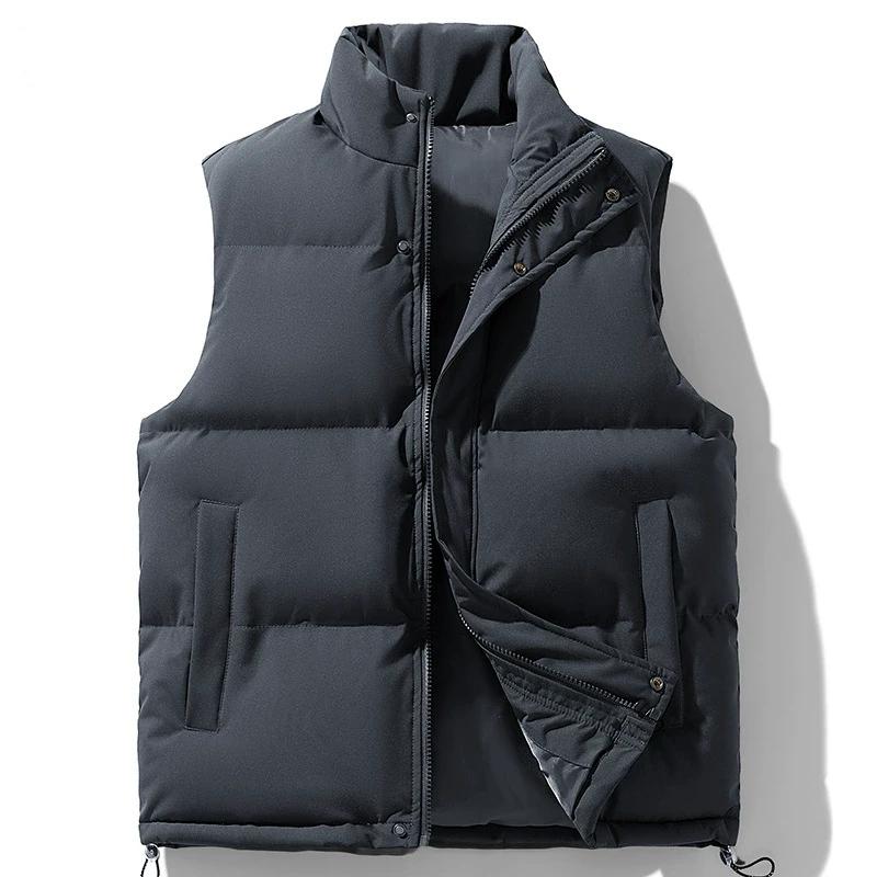 Men's Fall/Winter Plus-Size Stand-Up Collar Sleeveless Down-Filled Cotton Vest—Solid-Color Warm Outerwear Vest