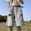JYL Men's Denim Shorts Summer American Vintage Ripped High-Street Casual Fifth Pants Denim
