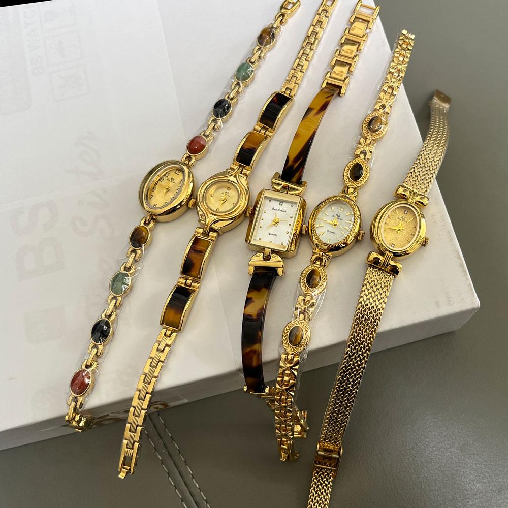 BS New Luxury Gold Women Watches Natural Color Jade Bracelet Quartz Women's Wristwatch Small Dial Fashion Dress Watch Gifts