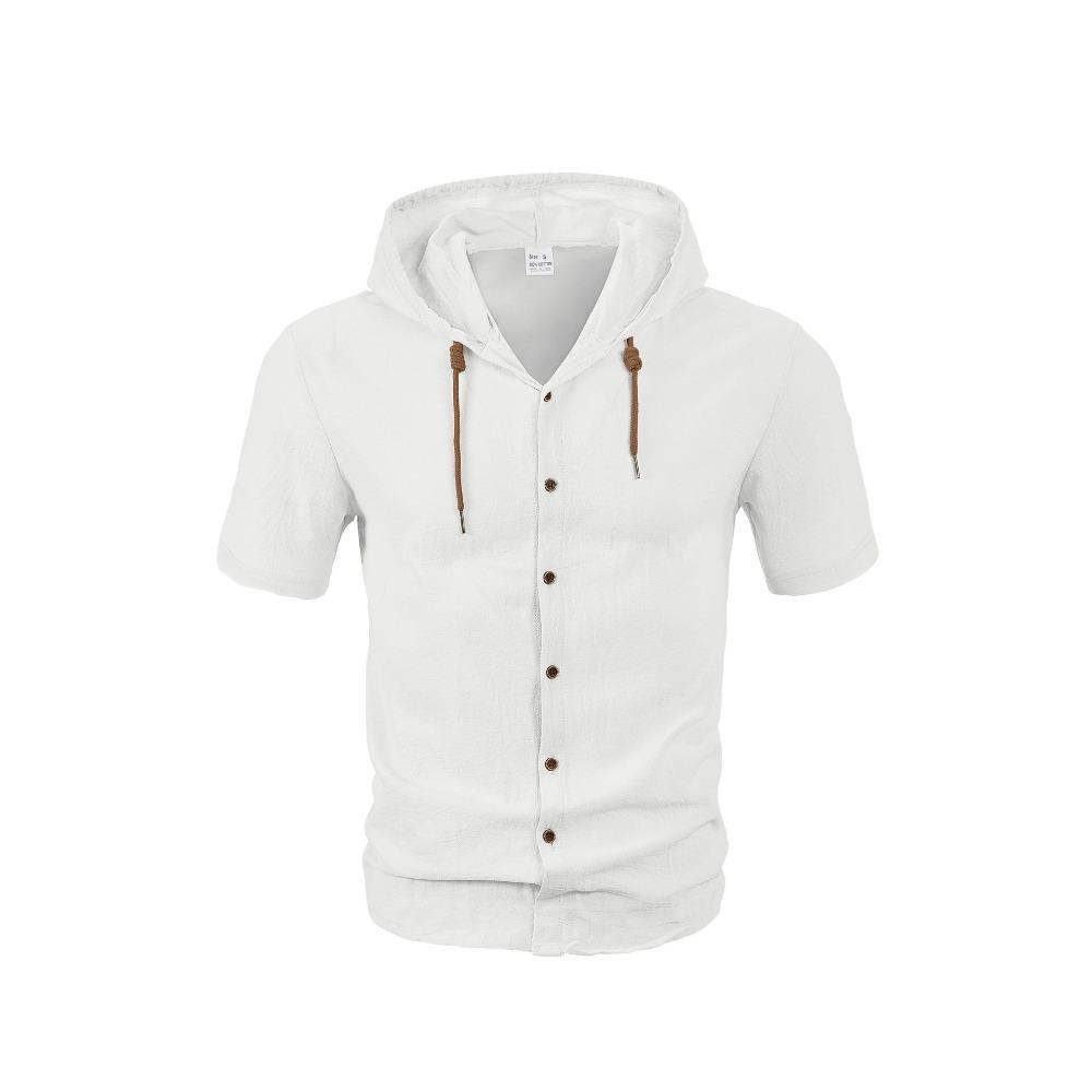 

Men s Short-Sleeve Hooded Shirt - Linen Texture, Summer Wear, Breathable S білий