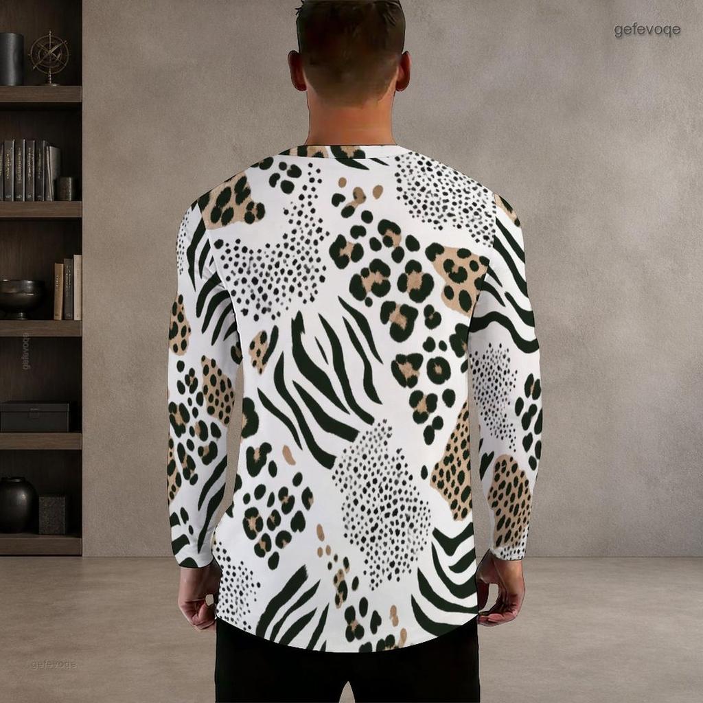 Men s Plus Size Beige Black Brown Leopard Printed Round Neck Long Sleeve Pullover T Shirt
