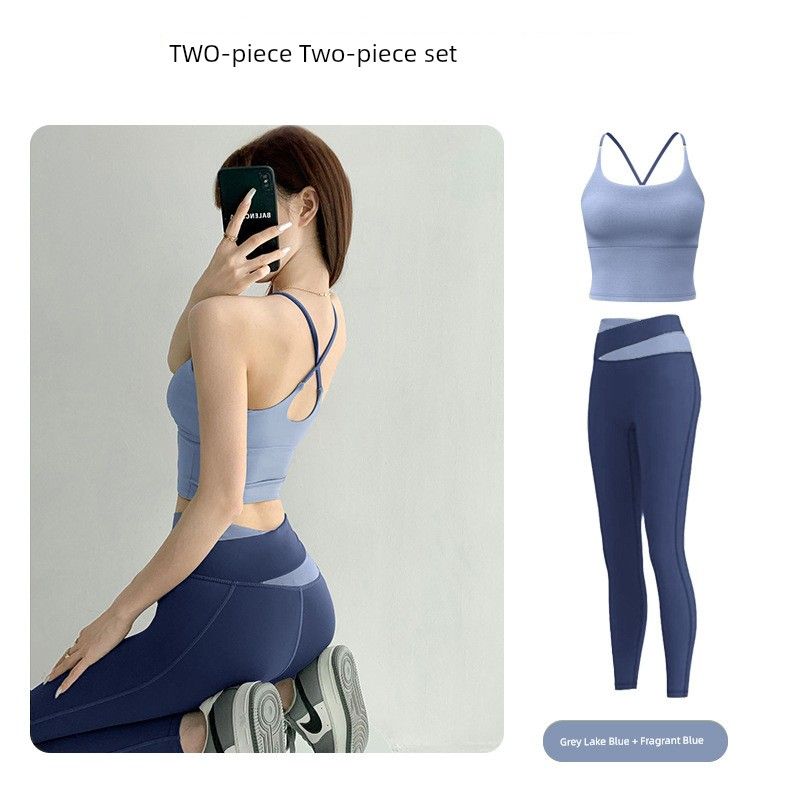 

Йога Топ-майка на тонких бретелях Спортивное нижнее белье Женский фиксированный вкладыш для груди Спортивный бюстгальтер Тренировочный Красивая спина Костюм для йоги Grey Lake Blue Vest + Fragrant Whale Blue pants L