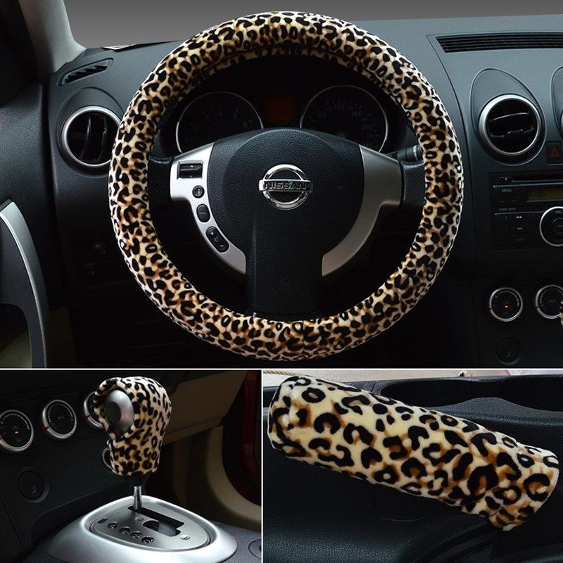 Car Steering Wheel Cover Winter Short Plush Korean Cute Female Leopard Print Cartoon Fabric Fashion Warm Non-Slip Handle Cover Leopard Print Coffee Steering Wheel Cover