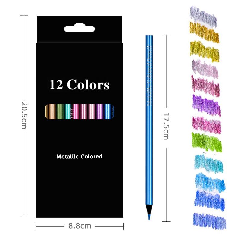 12-Color Metallic Black Wood Fluorescent Oil-Based Colored Pencils for Hand Drawing