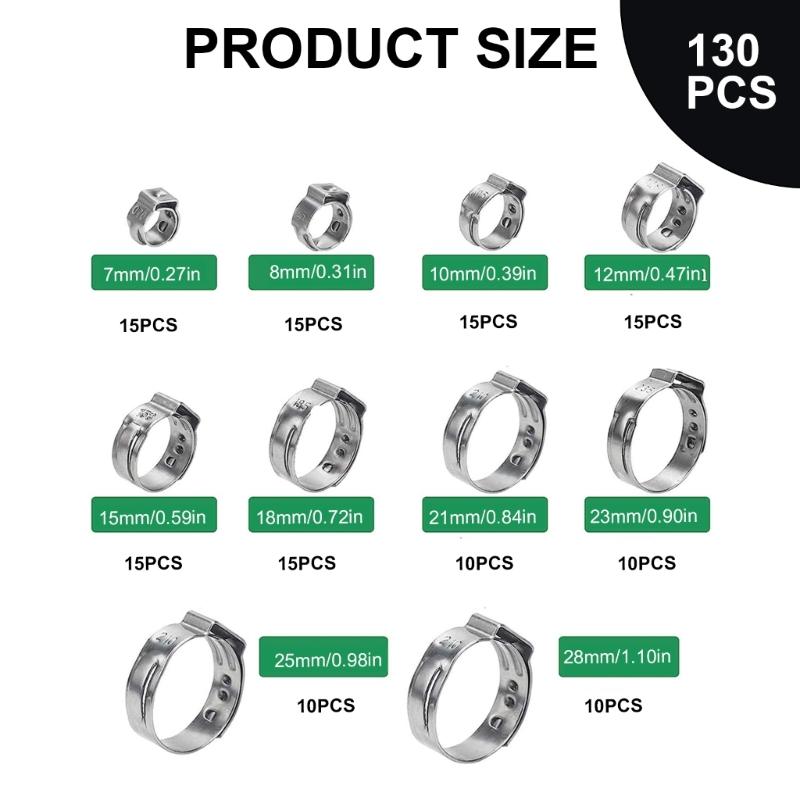 130Piece Single Ear Stepless Hose Clamps Set for Automotive Pluming Pipe Sealing Pipe Joints