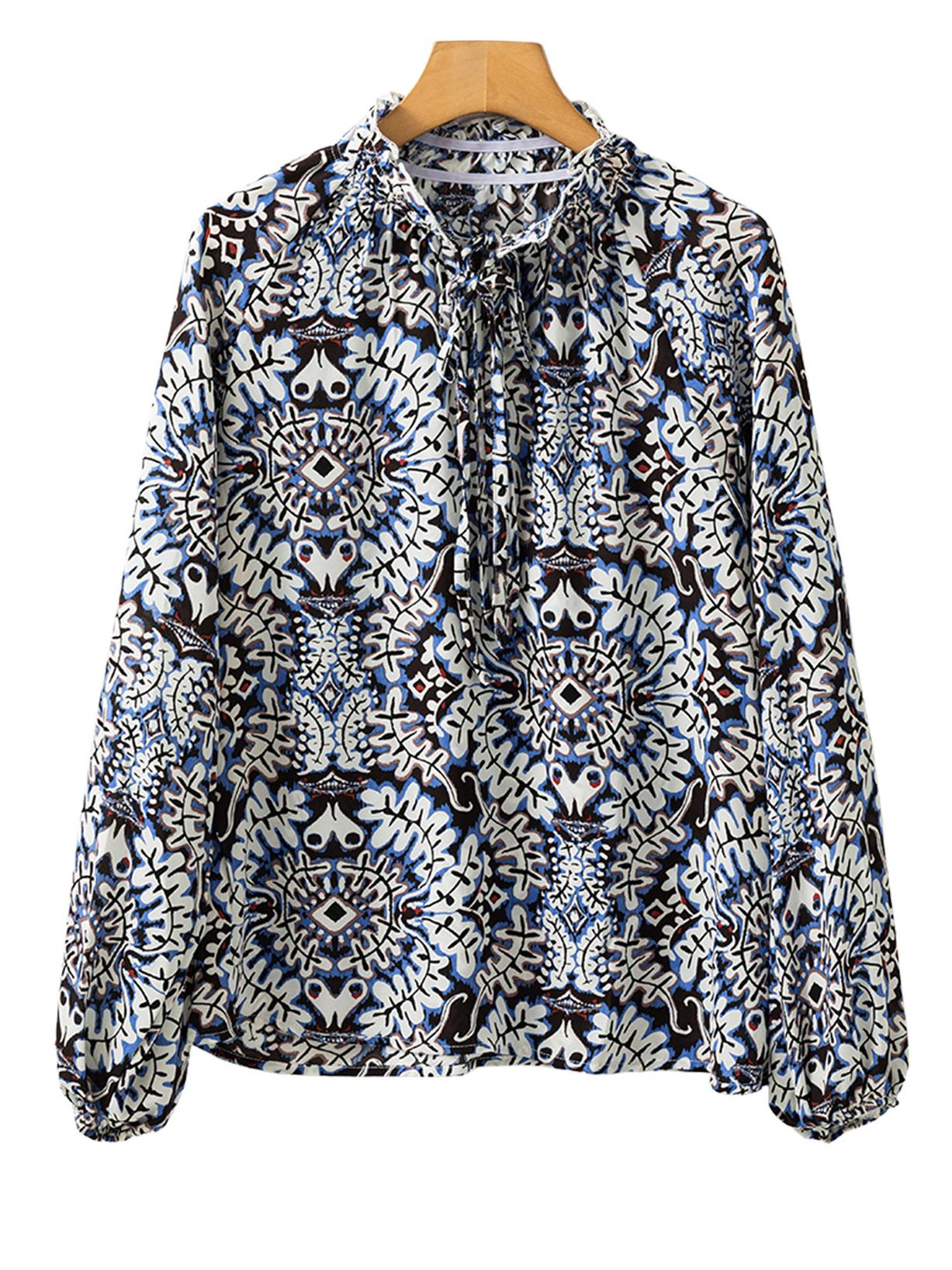 

Shiying Ретро Геометрический Принт Шифоновая Блузка с Воланами и Воротником-стойкой для Женщин Medium синий