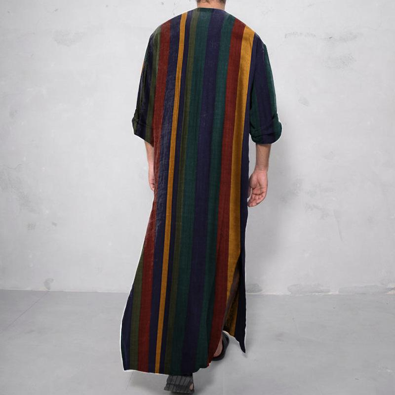 Men's Striped Muslim Long Robe Jumpsuit Tang Suit with Stand-up Collar