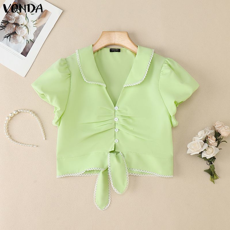 

VONDA Women Lapel Collar Short Sleeve Twisted Lace Hem Casual Cropped Blouse M