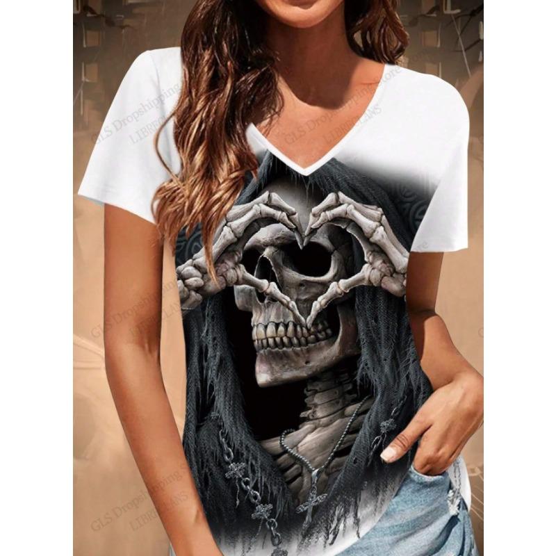 

Women T-shirt Funny Skull 3d Print Tshirt Women Fashion V-Neck Short Sleeve Oversized Tops Tees Female Clothing Halloween Tops XL