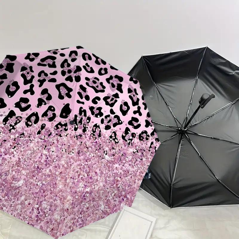 1 Stück Leopardendruck Glitzer-Regenschirm - 9 Speichen verstärkt, Automatisches Öffnen, Leicht & Langlebig, Niedliches Modeaccessoire für Draußen - P0769