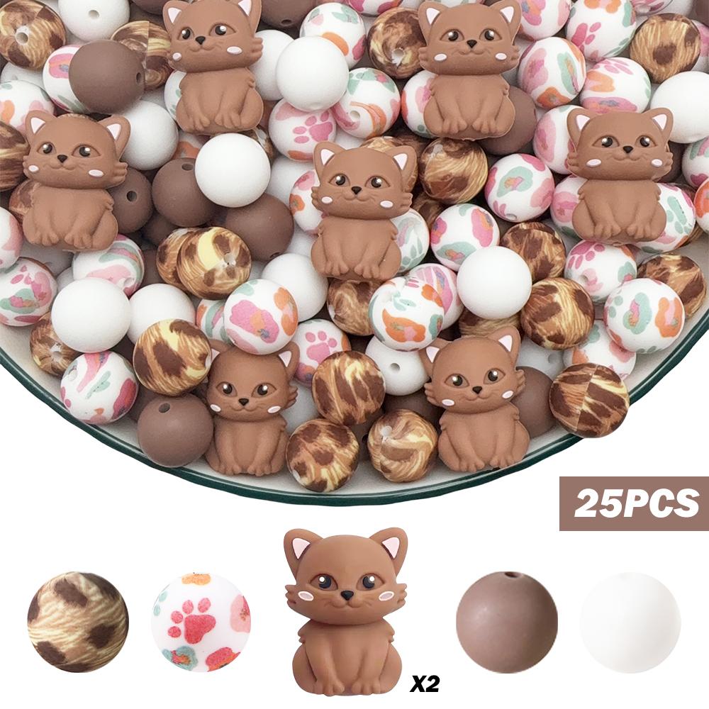 25/68PCS 3D Cute Cat Silicone Bead Set, perfect for DIY handmade crafts such as keychains, necklaces, bracelets, etc