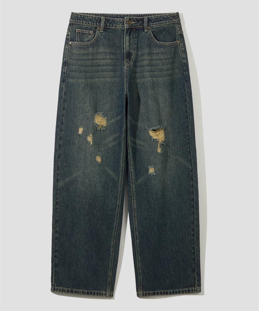 AGOD Vintage Washed Damaged Wide Denim Pants [Sand Indigo]