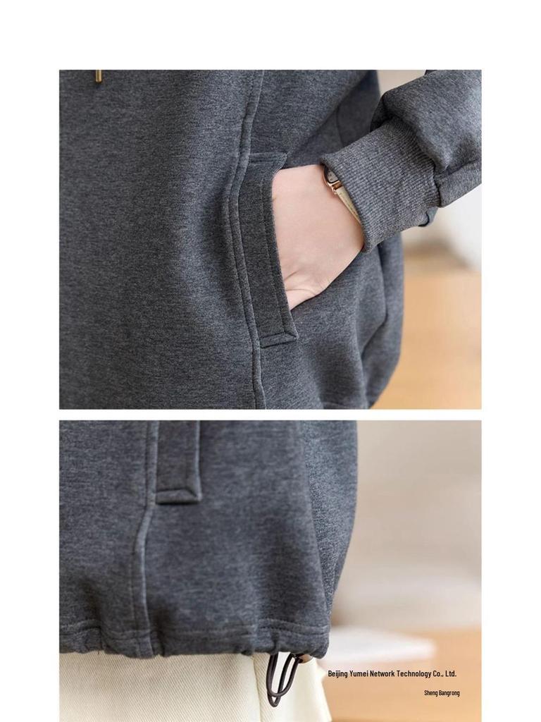 Women's Gray Hooded Sweatshirt - Short Jacket for Spring and Autumn, Loose Fit, Trendy and Casual.