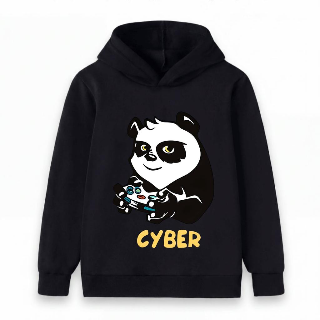 Kids Unisex Casual Hoodie, Cute Gaming Panda Cyber Print Soft Pullover Sweatshirt for Boys Girls Daily Wear