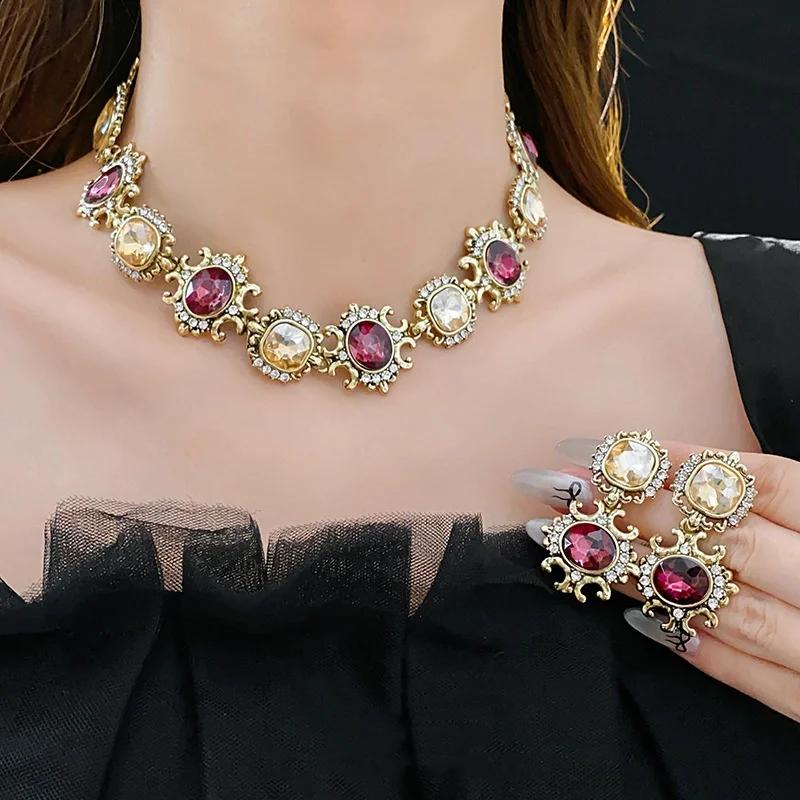 Purple Rhinestone Necklace And Earring Set, Women'S Necklace And Earring Set, Extravagant And Fashionable Jewelry Set