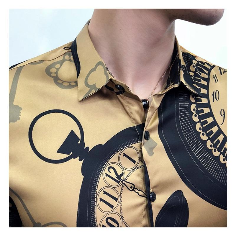 Vår Lyx Guldtryck Casual Skjorta Herr Mode Fest Långärmad Skjorta Slim Fit Smoking Skjortor Nattklubb Arbete Social Skjorta