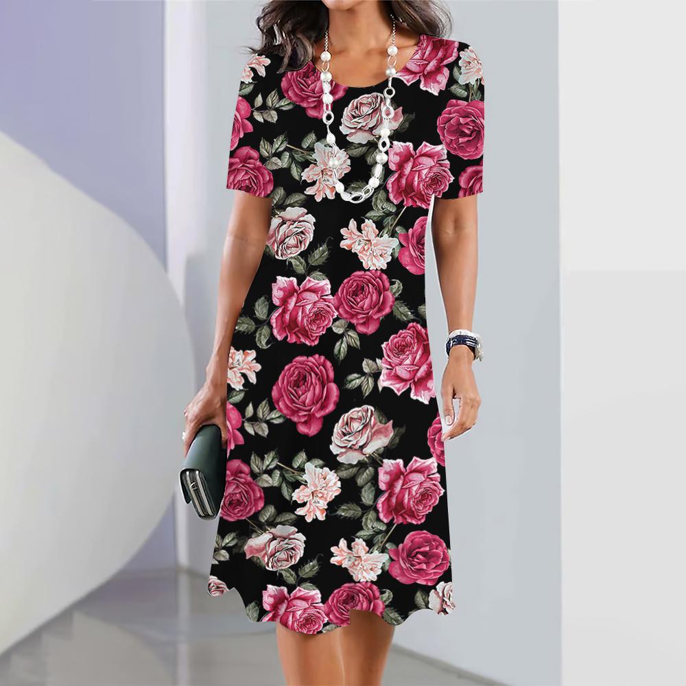 2026 Neue Mode Damen 3D Blumendruck Kleid Kurzärmelig Elegant O-Ausschnitt Kleid Streetwear Lockeres Kleid