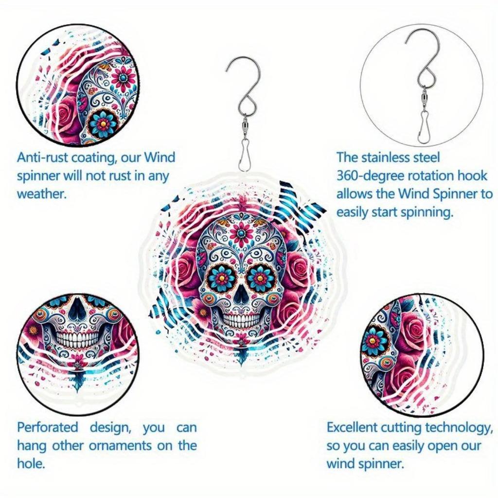 Metal Wind Chime with Rose Skull Butterfly Design for Indoor Outdoor Garden Decor Christmas Thanksgiving Holiday Hanging Ornament