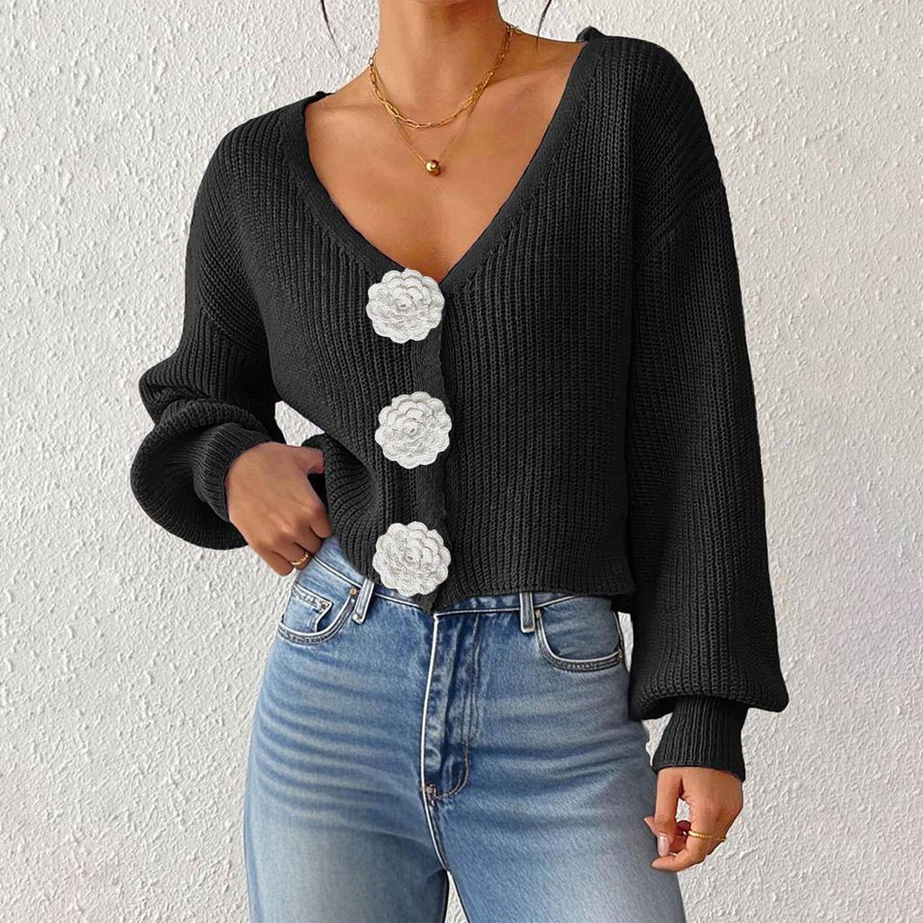 Women's Solid Color Button-Up Cardigan Deep V-Neck Short Loose-Fitting Jacket Casual Top