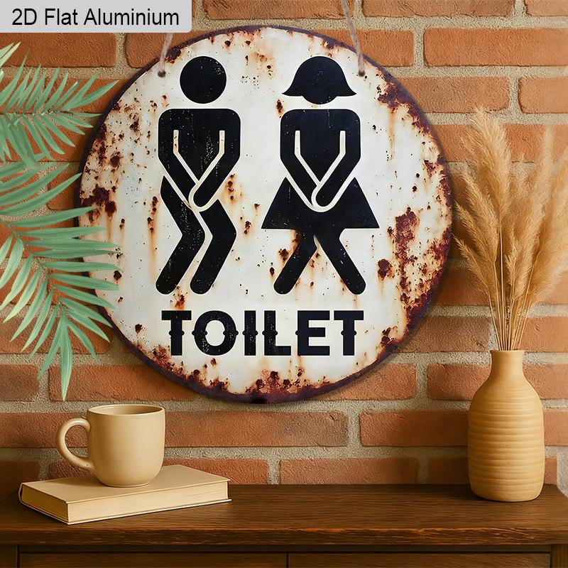 2D Flat Round Vintage Toilet Aluminum Sign, Male & Female Icons Bathroom Wall Decor for Home Office Public Restrooms