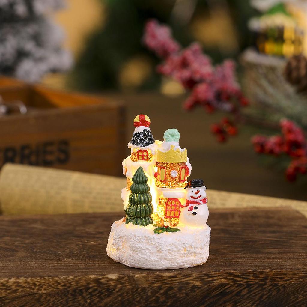 Glowing Resin Christmas House with Santa & Snowman Ornament