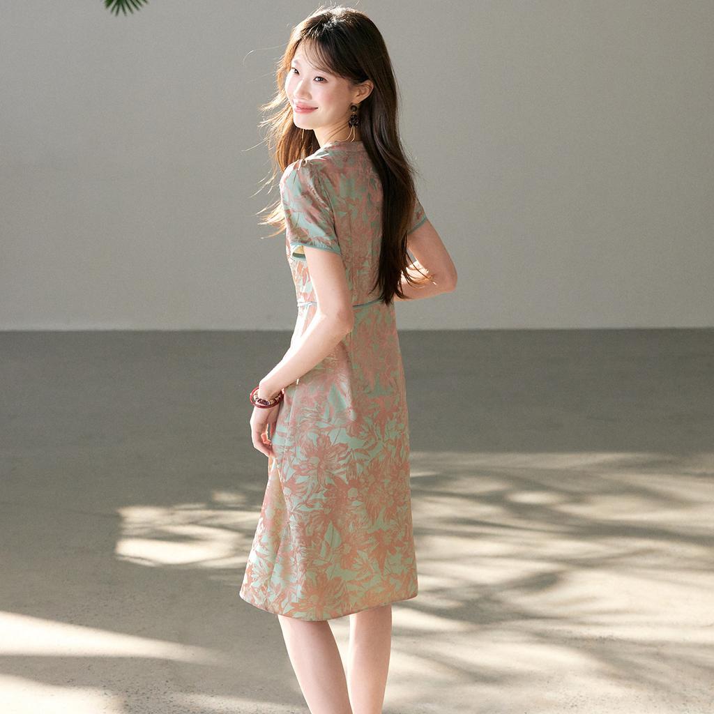 Chinese Style Elegant Women's Dress with a Cinched Waist for Slimming and Comfort, Slim Fit Women's Dress, A-line Medium Length Women's Dress