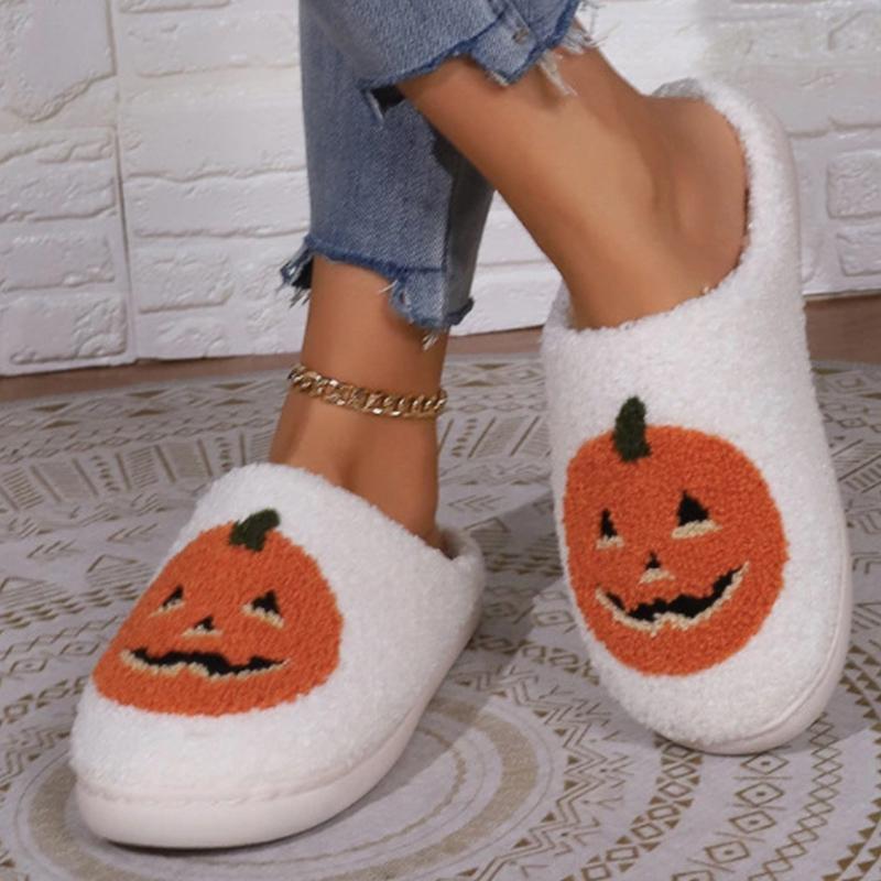 Fashion Cartoon Pumpkin Cotton Slippers for Women Indoor Non Slip Warm Plush Woman Halloween Casual Designer Cotton Slides Female