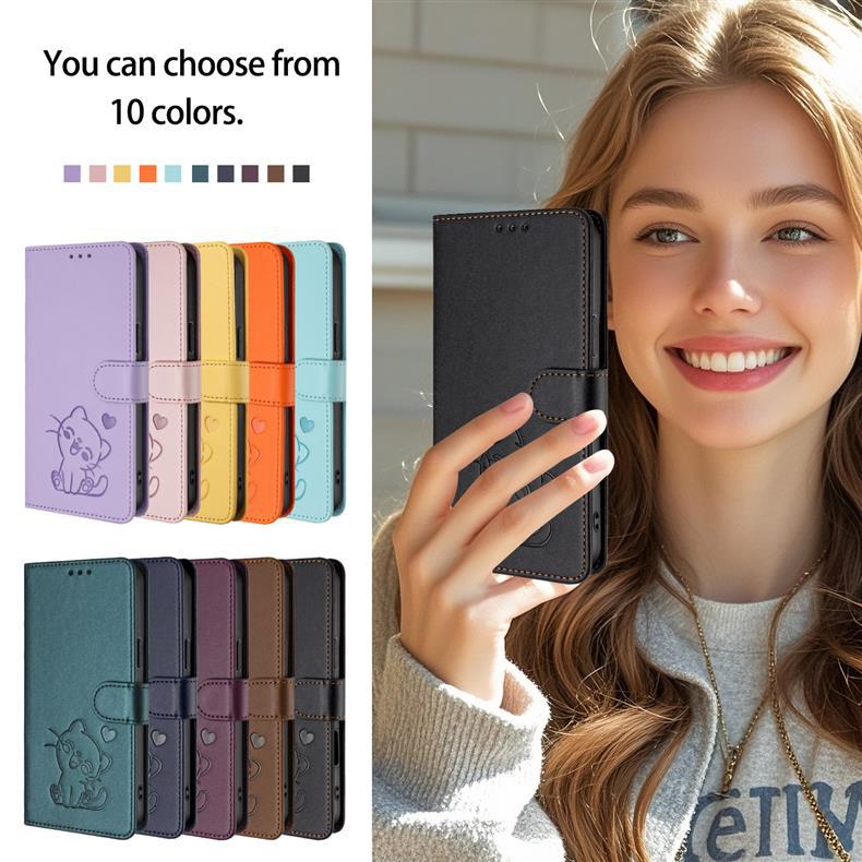 Suitable for Huawei P80 PRO Protective Case with Heart-shaped Cat Design, Honor 400 Pro Flip Cover with Card Slot Leather Case
