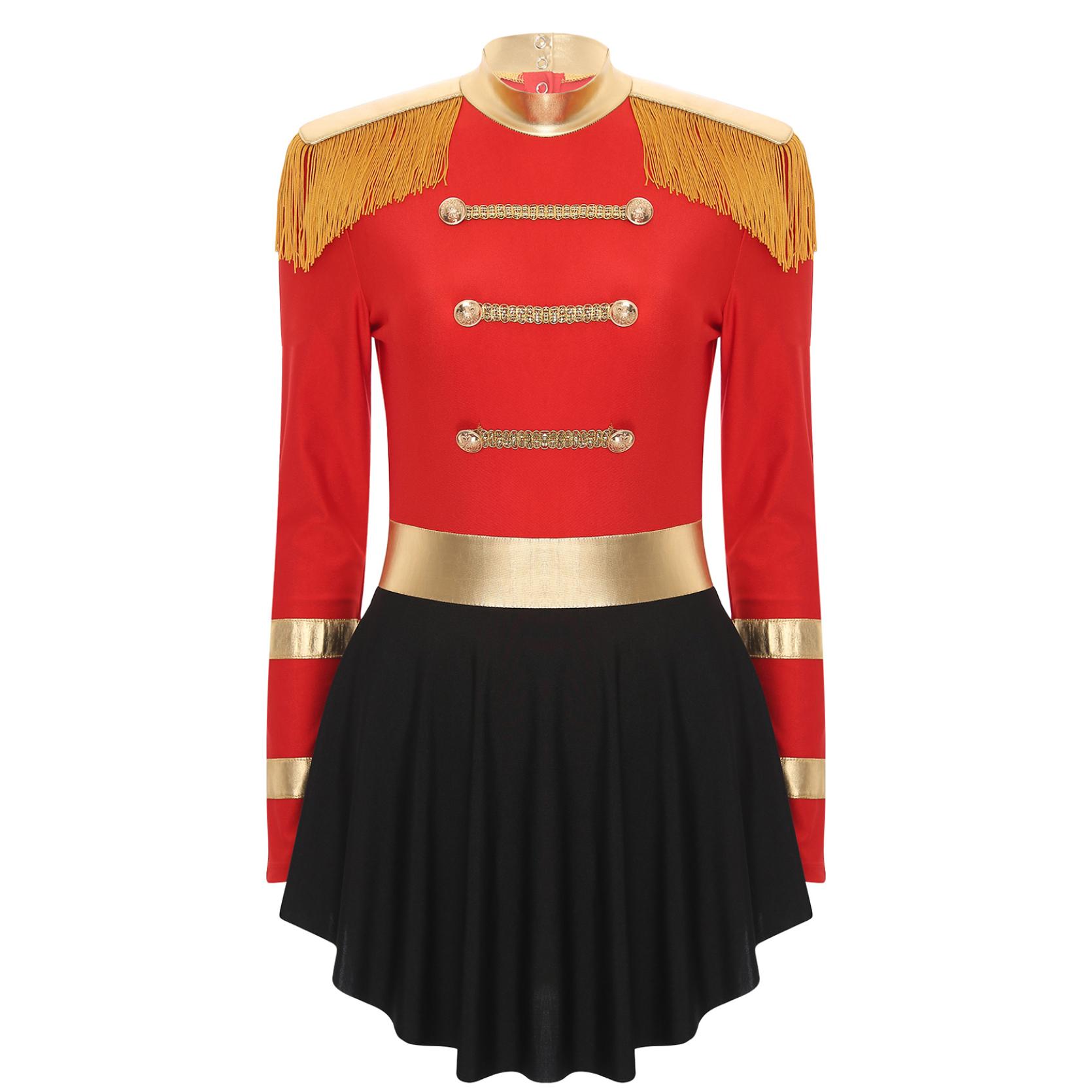 Costume da circo da donna, direttore di circo, abiti di carnevale, abito a spalla con frange e buco della serratura a maniche lunghe S rosso