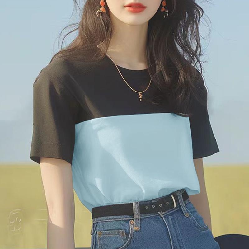 

ZANZEA Женские летние блузки с круглым вырезом и коротким рукавом в стиле колор-блок 3XL синий