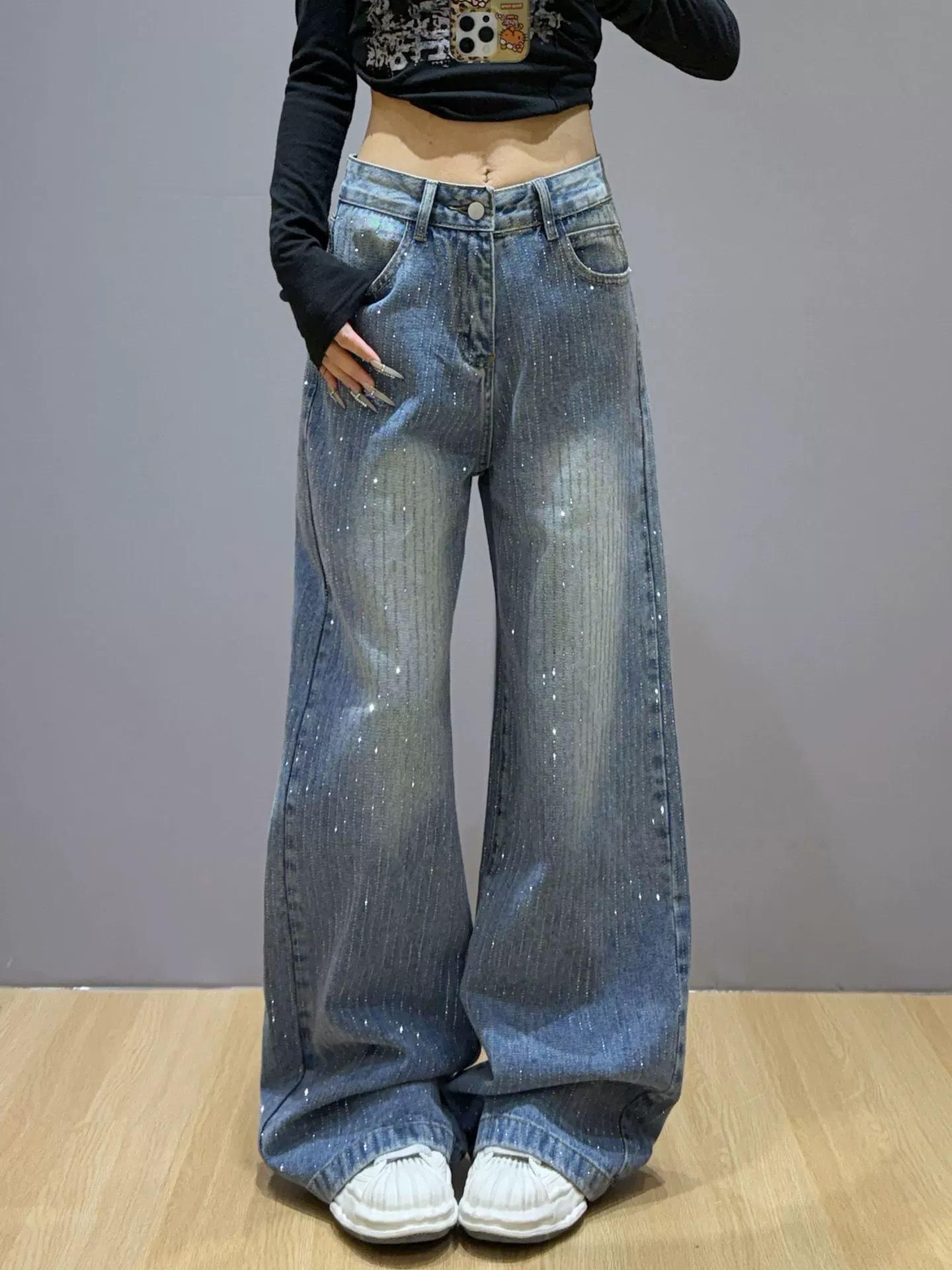 

American Retro Rhinestone Wide-Leg Jeans: Women s Winter Floor-Length Straight Pants L синий