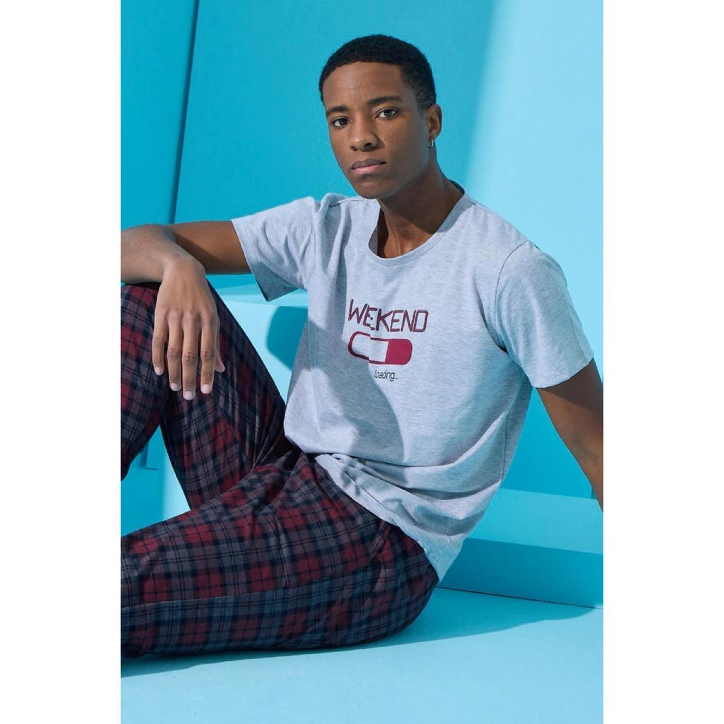 Marineblaues kurzärmliges Herren-Pyjama-Set mit Wochenend-Print