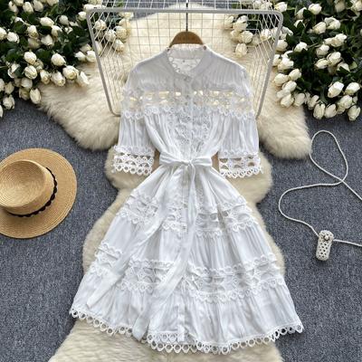Summer Crochet Lace Spliced Embroidery Shirt Party Dress Women's Short Sleeve Hollow Out Single Breasted Robe