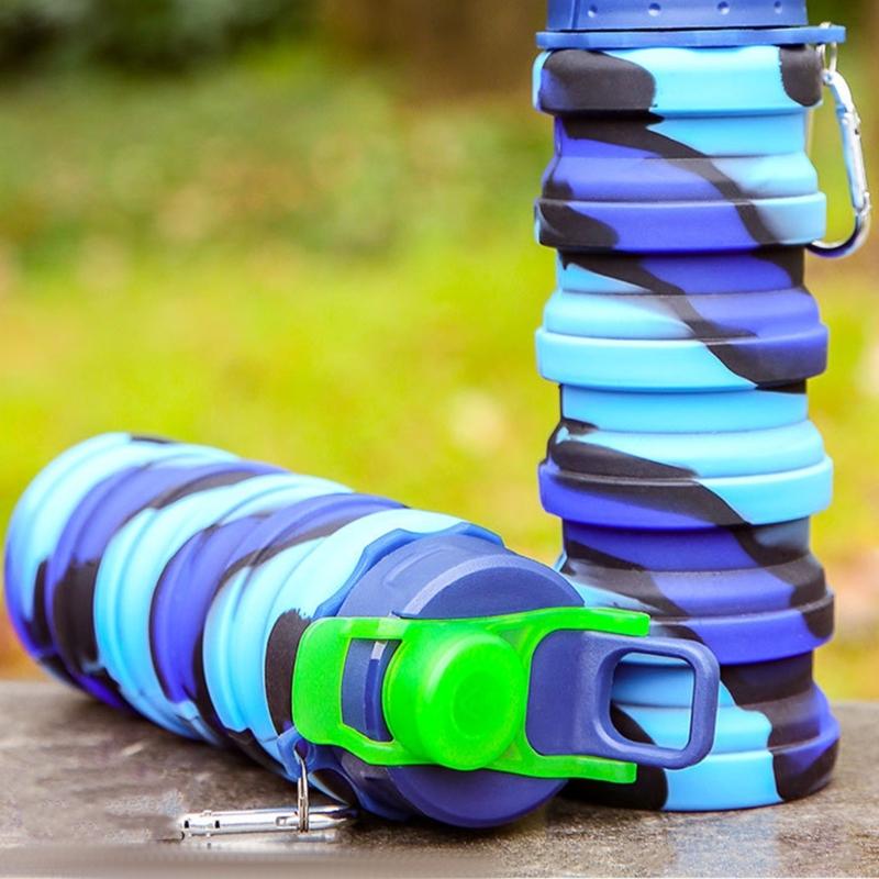Folding Reusable Sports Water Bottles Leakproof Silicones With Carabiner for Outdoor Activity Water