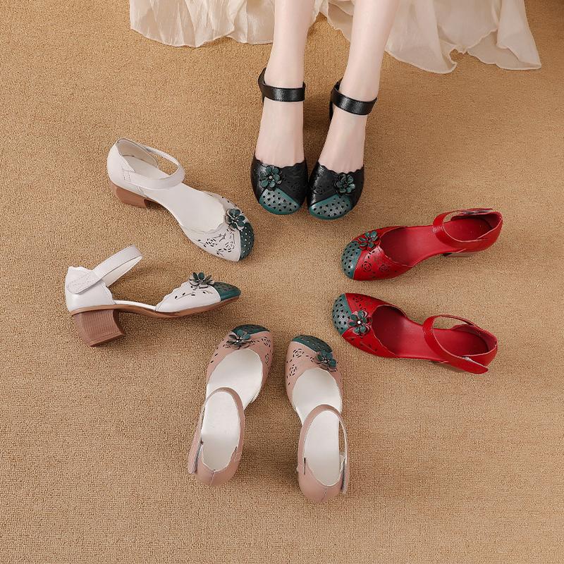 Fashion New handmade ankle wrap sandals women's summer shallow mary jane shoes ladies mid heels sandals elegant vintage block heel shoe