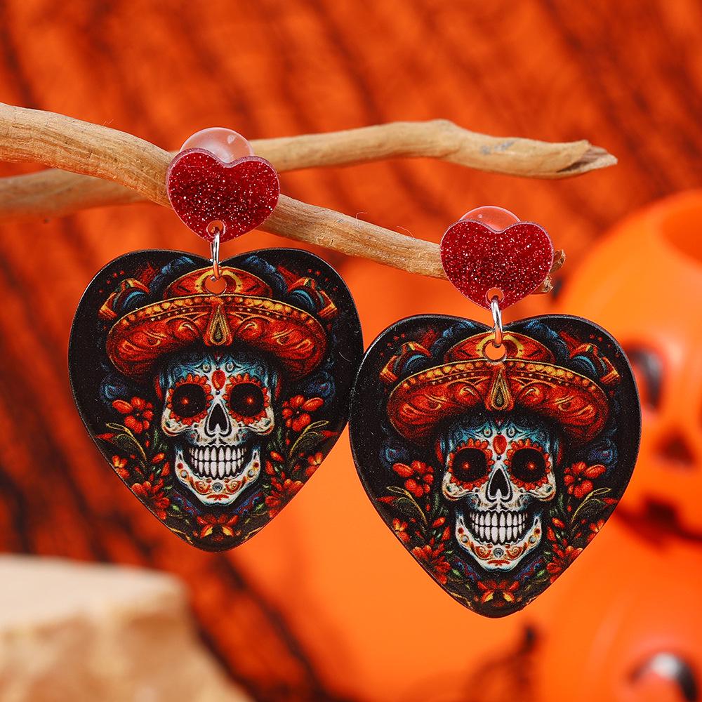 Hand-Painted Skull Acrylic Earrings - Halloween Party Jewelry for Women