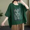 Women Cotton Linen T Shirt Vintage Print Loose Fashion Casual Short Sleeve Oversized Blouse Summer Clothing