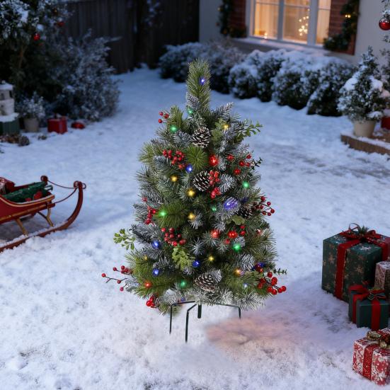 Lighted Artificial Christmas Urn Filler Battery Operated Pre-lit Xmas Pine Trees with Tripod Stake