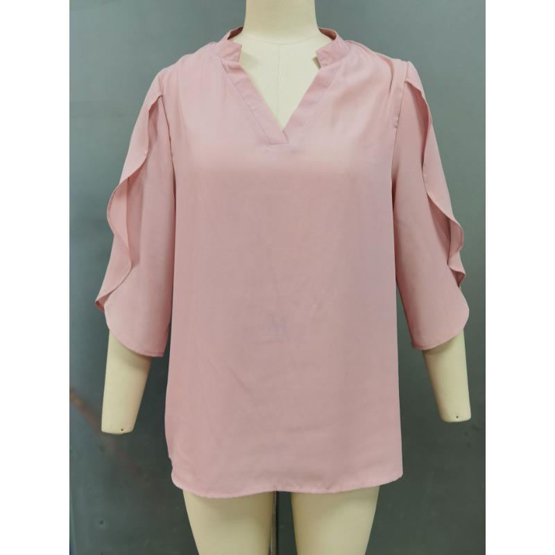 Summer V-neck Loose Casual Office Women Blouse Elegant Petal Short Sleeve Ruffled Chiffon Top Fashion Female Solid Color Simple Shirts Women Vlothing
