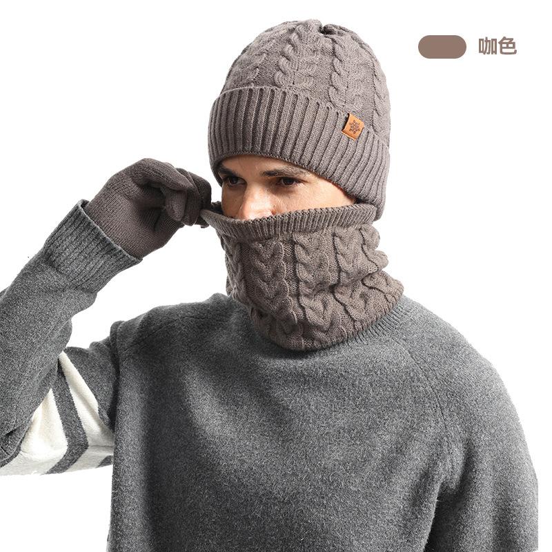Winter men's knitted hat, fleece, cold-proof wool, warm outdoor hat, scarf and gloves three-piece set