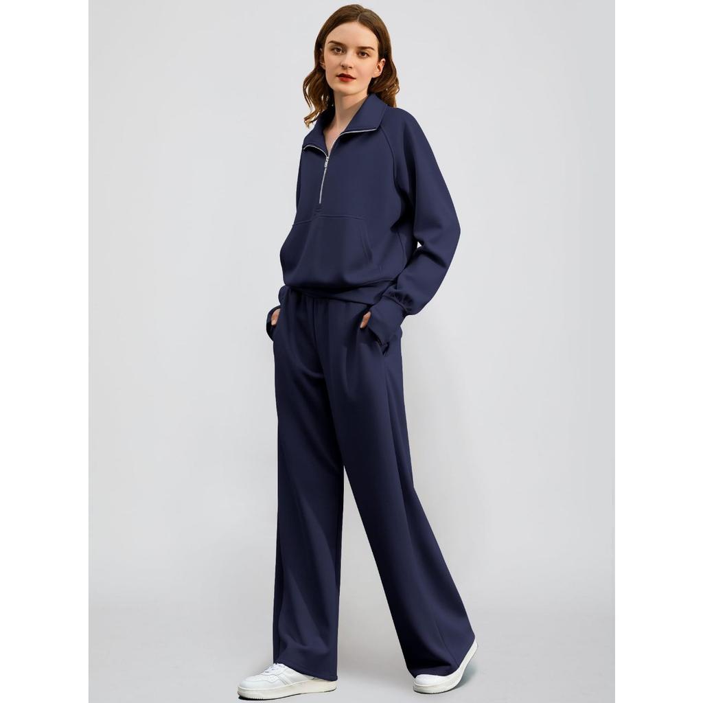 Set da donna a due pezzi con felpa con cerniera oltre la metà, pantaloni della tuta a gamba larga, tuta casual