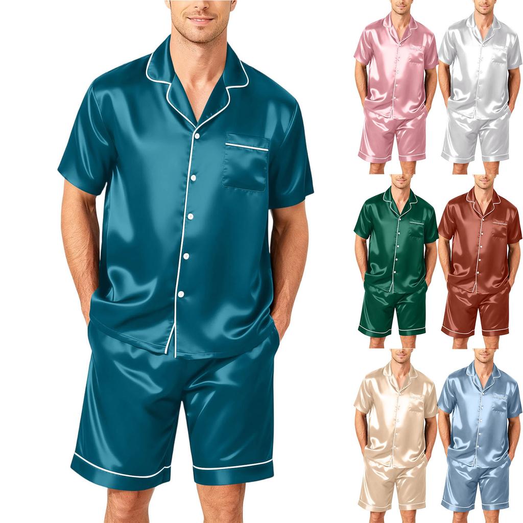 Men's Short Sleeve Pajama Set Button Down Shirt with Notched Collar and Matching Shorts Soft Lightweight Lounge Sleepwear S To XXXXL