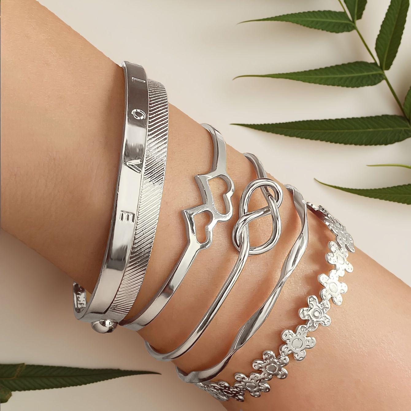 

6 шт./Набор Двойное сердце Любовное письмо Цветок Открытый браслет для женщин, Для повседневной носки и в качестве подарка на вечеринку, Золотой цвет золотой