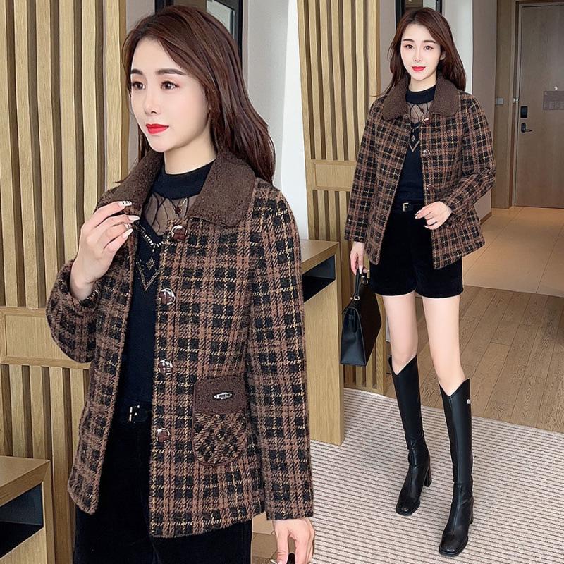 Plaid Square Neck Autumn/Winter Coat for Women