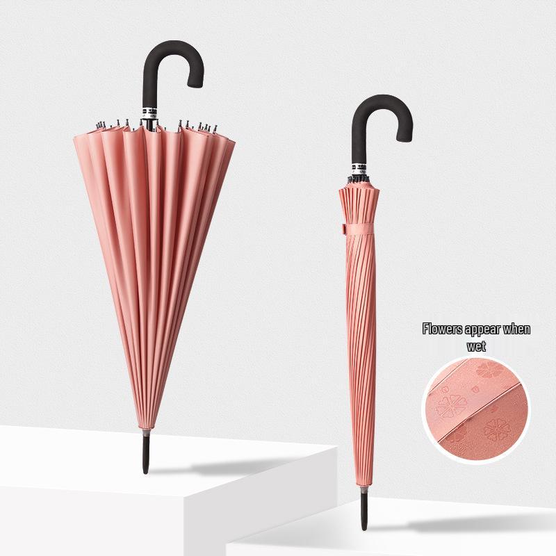 24-Speichen Farbwechselnder Langgriff-Regenschirm für Damen, Extra-Groß, Winddicht, Gebogener Griff, Herren-Stockgriff, Logodesign