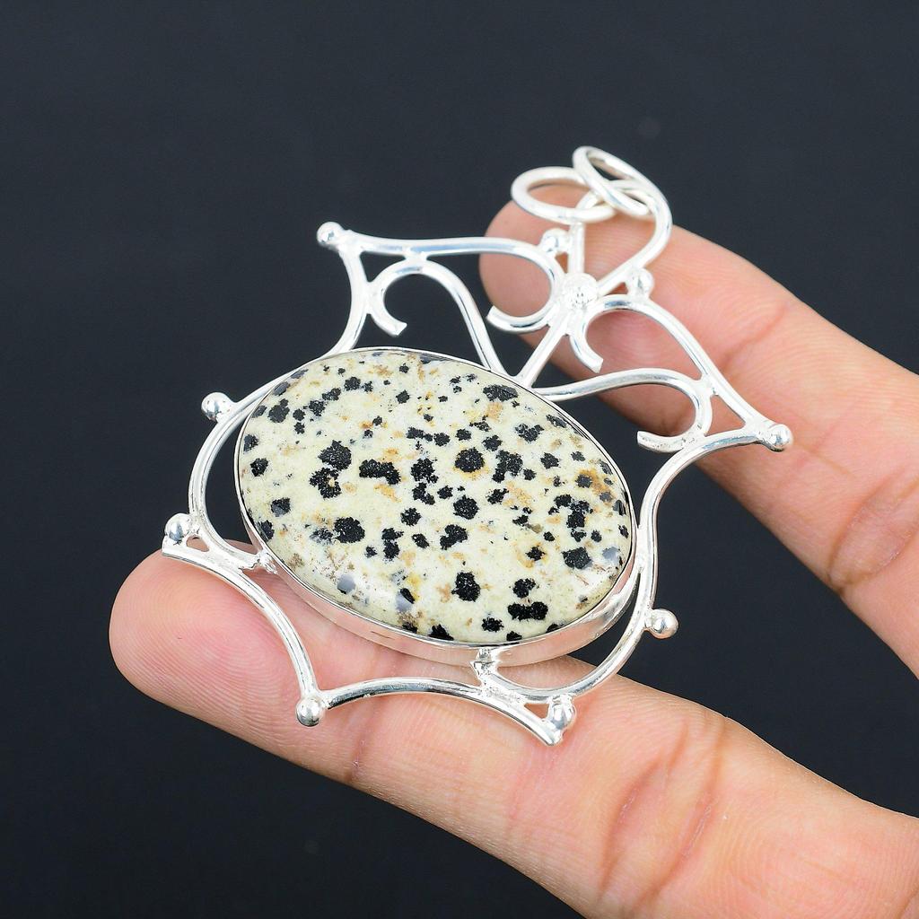 Womens day Sale Oval Natural Dalmatian Jasper 925 Sterling Silver Ethnic Pendant